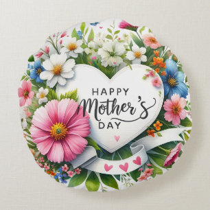 Cojín Redondo Feliz Día de la Madre Corazón Floral