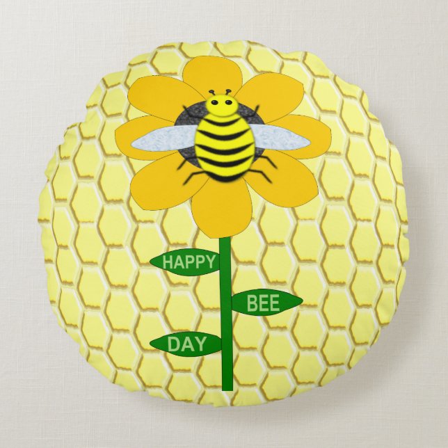 Cojín Redondo Feliz Día de las Abejas Cumpleaños Bumblebee (Anverso)