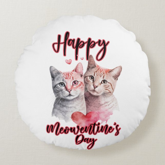 Cojín Redondo Feliz Día de Meowentine, pareja de gatos de San Va (Anverso)