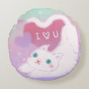 Cojín Redondo Feliz día de San Valentín con gato blanco esponjos