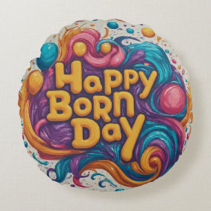 Cojín Redondo Feliz Día del Nacimiento Pastel 16"