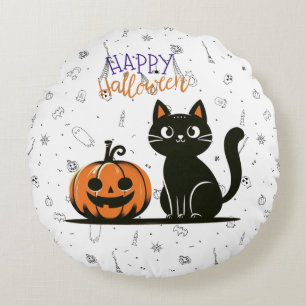 Cojín Redondo Feliz gato y calabaza de Halloween