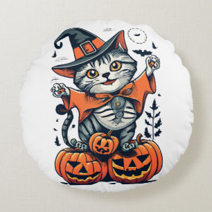 Cojín Redondo Feliz Halloween Bruja Gato
