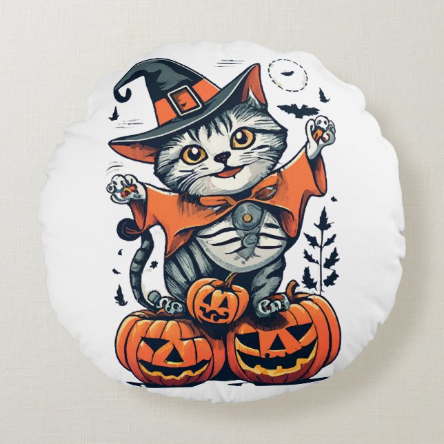 Cojín Redondo Feliz Halloween Bruja Gato (Anverso)