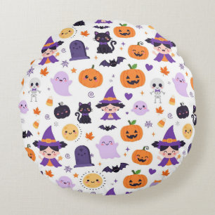 Cojín Redondo Feliz Halloween Brujas Fantasmas Gatos Murciélagos