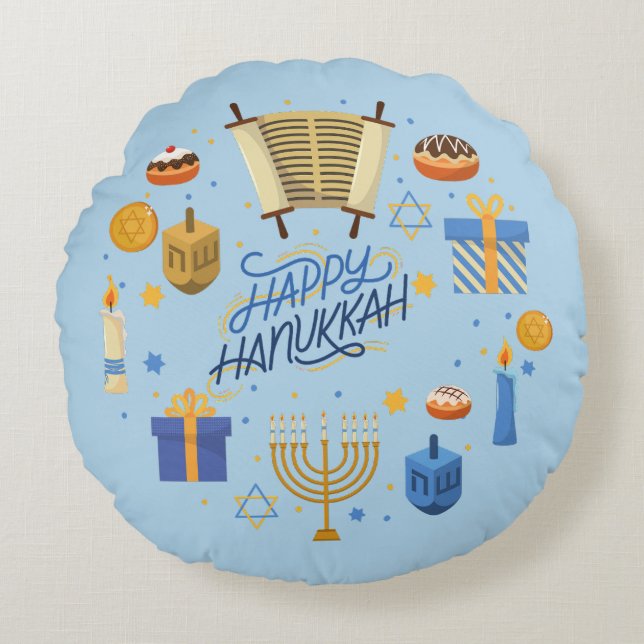 Cojín Redondo Feliz Hanukkah Lindo (Anverso)