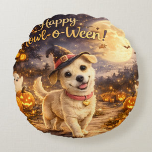 Cojín Redondo Feliz Howl-o-Ween Diseño de Halloween de perro lin
