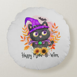 Cojín Redondo Feliz Meow-o-ween-Black Witch Cat