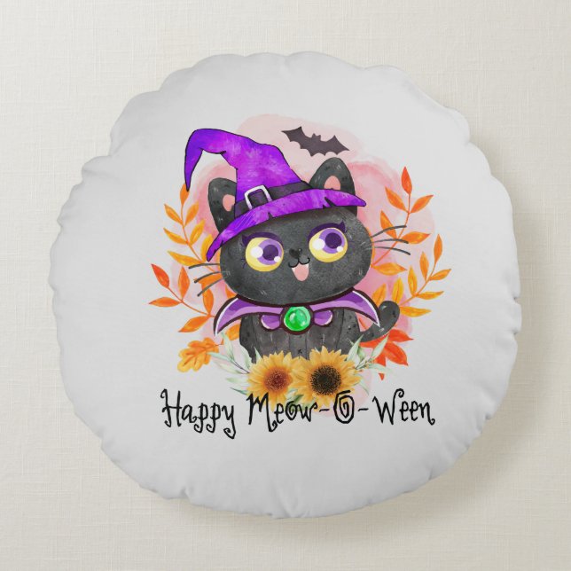 Cojín Redondo Feliz Meow-o-ween-Black Witch Cat (Anverso)