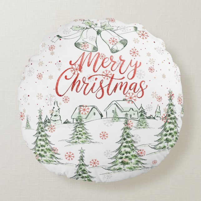 Cojín Redondo Feliz Navidad Árboles de nieve rojos y verdes (Anverso)