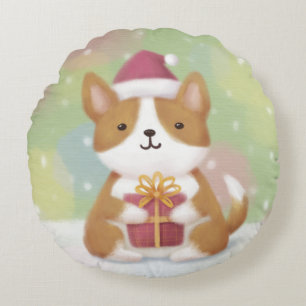 Cojín Redondo Feliz Navidad: Arte de Ilustracion Corgi