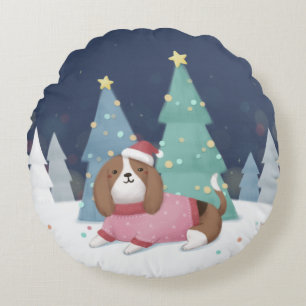 Cojín Redondo Feliz Navidad: Beagle Ilustracion Art