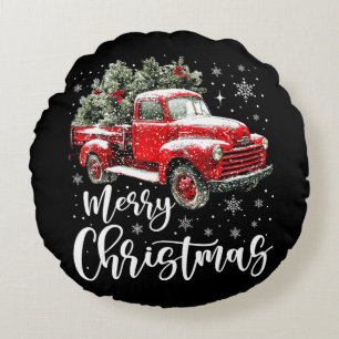 Cojín Redondo Feliz Navidad Camioneta Roja Familia Pareo Navidad