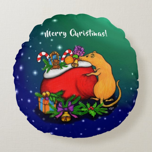 Cojín Redondo Feliz Navidad con el príncipe rata (Anverso)