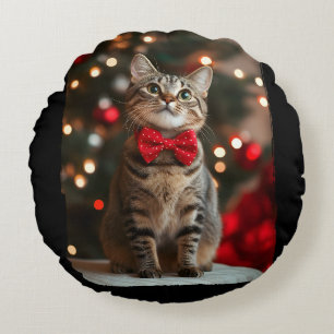 Cojín Redondo Feliz Navidad Cortar gato con luces de árbol de Na