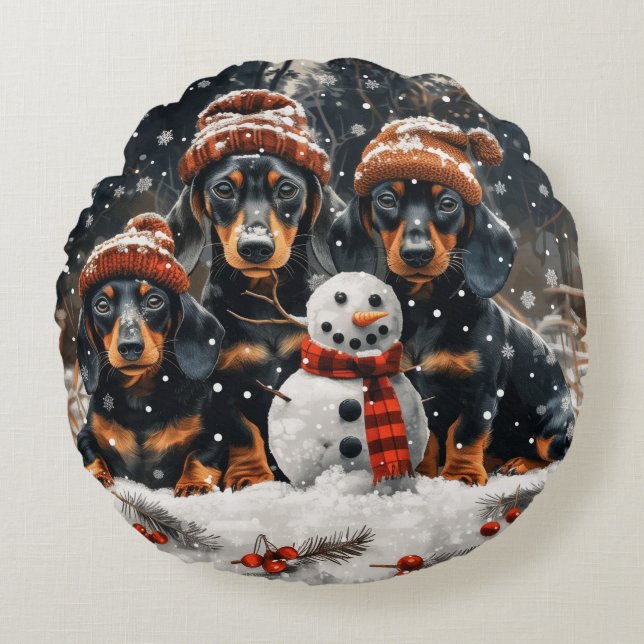 Cojín Redondo Feliz Navidad Dachshund Perros Snowman (Anverso)