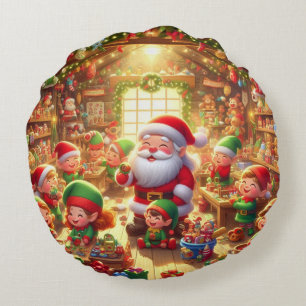 Cojín Redondo Feliz Navidad de Papá Noel y sus duendes 