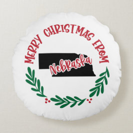Cojín Redondo Feliz Navidad desde Nebraska EEUU Verde Rojo