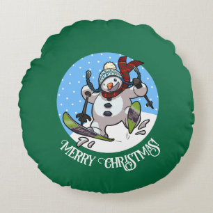 Cojín Redondo Feliz Navidad! Esquiar texto editable Snowman
