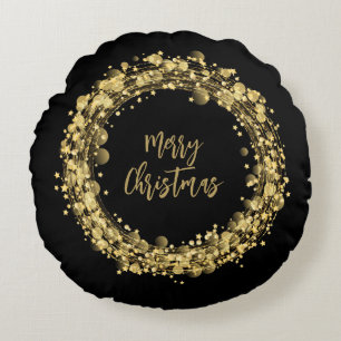 Cojín Redondo Feliz Navidad: Estrellas de oro en negro