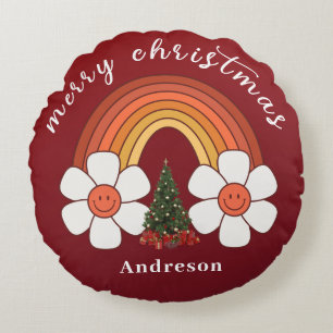 Cojín Redondo Feliz Navidad festivo Arcoiris Personalizado