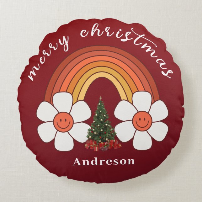 Cojín Redondo Feliz Navidad festivo Arcoiris Personalizado (Anverso)