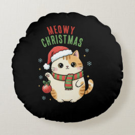 Cojín Redondo Feliz Navidad Gato – Diseño Festivo de Vacaciones