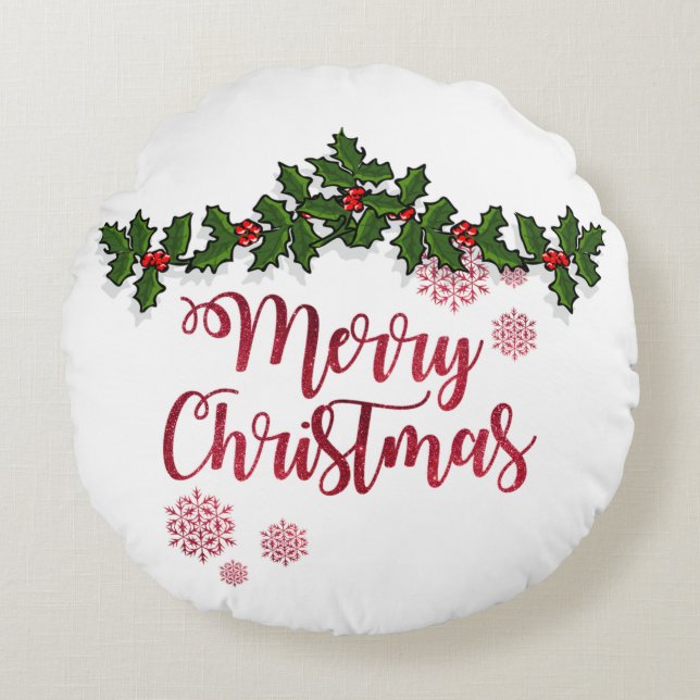 Cojín Redondo Feliz Navidad, Holly Berry Branks - Personalizado (Anverso)