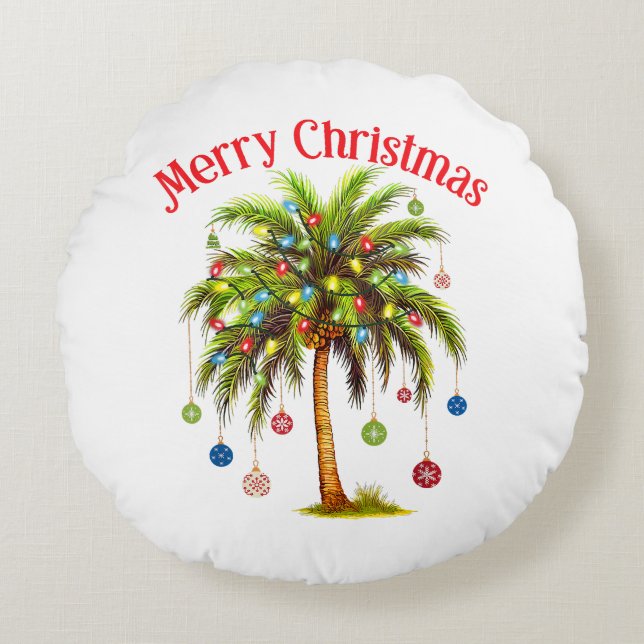 Cojín Redondo Feliz Navidad Palm Tree Light Tropical Hawaiano (Anverso)
