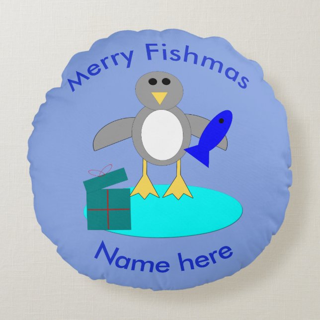 Cojín Redondo Feliz Navidad Pesca Pingüino Pillow (Anverso)