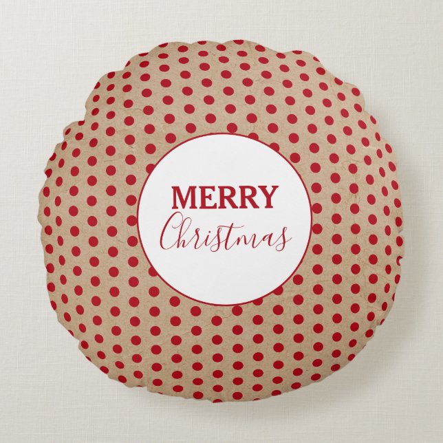 Cojín Redondo Feliz Navidad Polka Rojo Dots Kraft Rustic (Anverso)