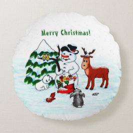 Cojín Redondo ¡Feliz Navidad! Snowman con sus amigos