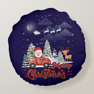 Cojín Redondo Feliz Navidad Vintage Red Santa Camión Regalos