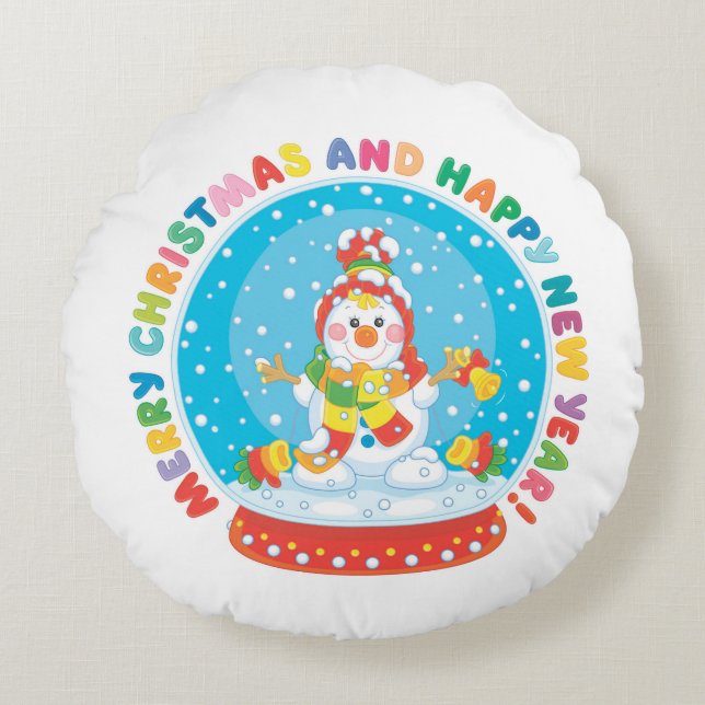 Cojín Redondo Feliz Navidad y feliz Año Nuevo Snowman (Anverso)
