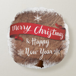 Cojín Redondo Feliz Navidad y feliz textura de madera de Año Nue