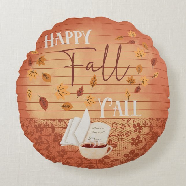 Cojín Redondo Feliz otoño con café y hojas de otoño (Anverso)