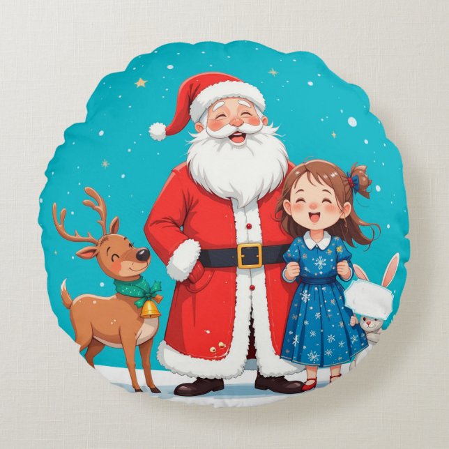 Cojín Redondo Feliz Papá Noel con la nieve (Anverso)