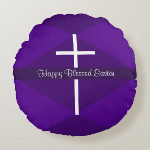 Cojín Redondo Feliz Pascua Cruz Blanca Morado Cristiano