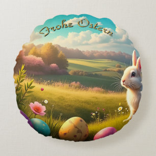 Cojín Redondo Feliz Pascua en el paisaje de la primavera