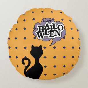 Cojín Redondo Feliz personalizado del gato negro de Halloween