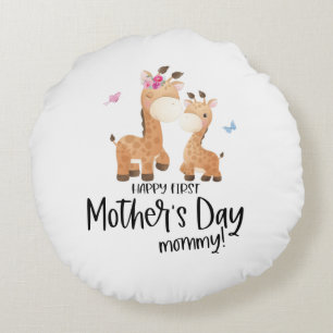 Cojín Redondo Feliz primer día de la madre 🦒 Jirafa + Mariposas