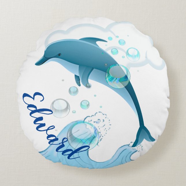 Cojín Redondo Feliz salto de delfín con burbujas (Anverso)