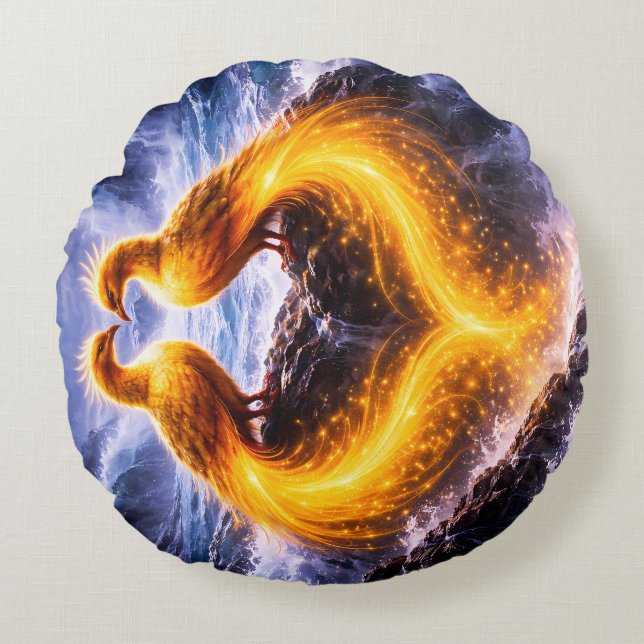 Cojín Redondo Fénix gemelas de luz eterna (Anverso)
