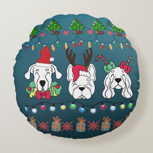 Cojín Redondo Festive Dog Christmas Pattern-cute holiday dogs (Anverso)