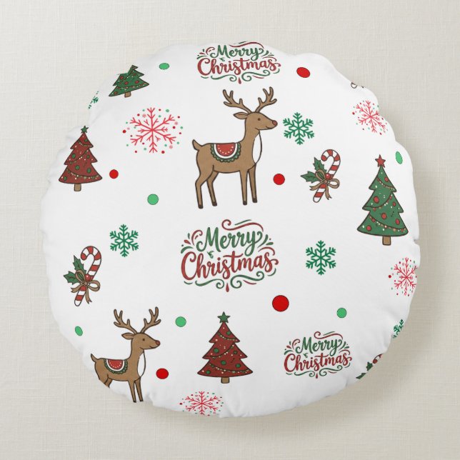 Cojín Redondo Festive Holiday Cartoon Reindeer Red Green Throw P (Anverso)
