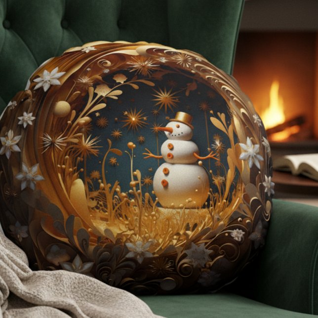 Cojín Redondo Festive Snowman (teal gold winter wonderland snowman festive throw pillow Christmas gift, cozy home accent)