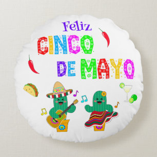 Cojín Redondo Festividad colorida Cinco de Mayo 2025 Cactus de b