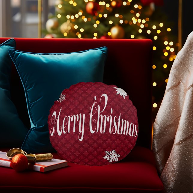 Cojín Redondo Festividad de la Feliz Navidad Roja Embellecida De (Merry Christmas Round Embellished Script Holiday Decorative Pillow
)