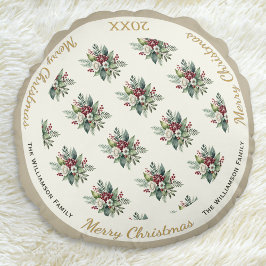 Cojín Redondo Festividad navideña Feliz acuarela Floral
