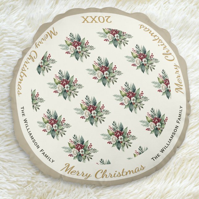 Cojín Redondo Festividad navideña Feliz acuarela Floral (An elegant round pillow with 'Merry Christmas' words, floral pattern and customizable name and year)